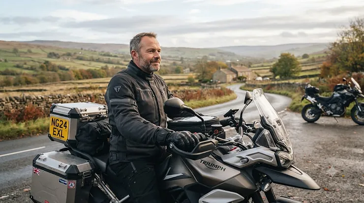 Rider's hands on heated motorcycle grips during a cold-weather tour across the British countryside. heated grips for touring motorcycles