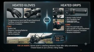 Infographic summary outlining the pros and cons of choosing heated motorcycle gloves versus heated grips for UK riders.