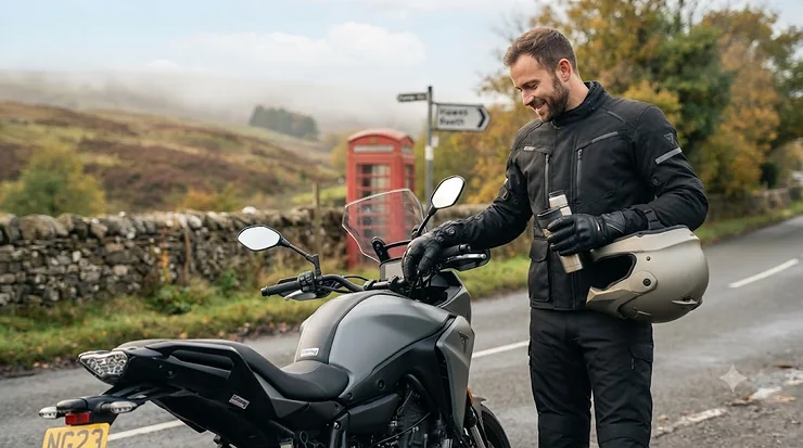 Side-by-side comparison of heated motorcycle gloves and handlebar heated grips on a UK touring bike, highlighting winter hand-warming options. heated motorcycle gloves vs heated grips
