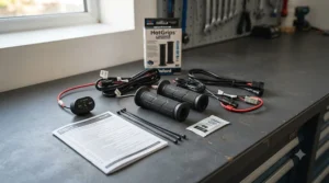A complete aftermarket heated motorcycle grips kit laid out on a workshop bench, showing the wiring loom and control switch.