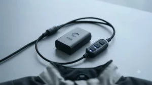Close-up of a rechargeable lithium battery pack and temperature controller for a heated motorcycle vest.