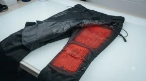 Diagram illustrating the strategic placement of heating panels across the thighs and knees in heated motorcycle trousers.