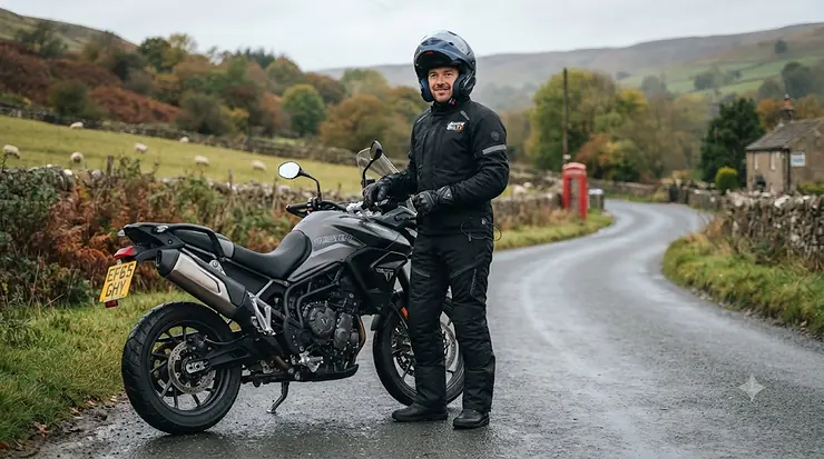 Full-length shot of a motorcyclist wearing heated motorcycle trousers ready for cold-weather riding in the UK. heated motorcycle trousers