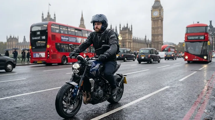A rider wearing a heated motorcycle vest for cold commuters on a foggy UK motorway during winter. heated motorcycle vest for cold commuters