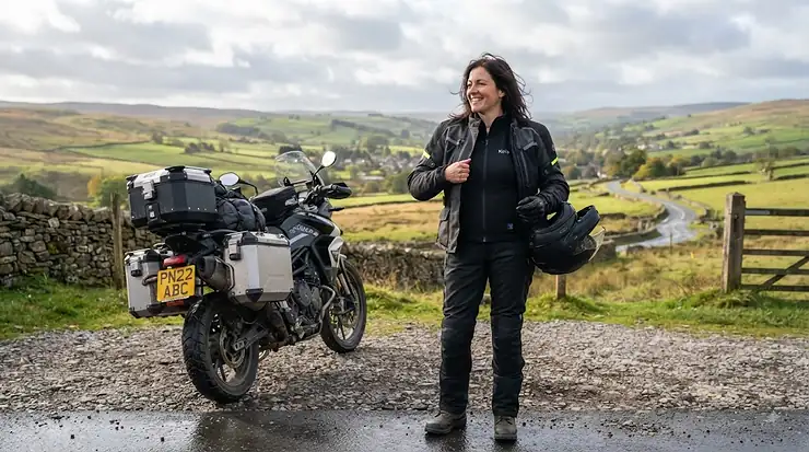 A rider wearing a heated motorcycle vest for touring during a chilly ride through the British countryside. heated motorcycle vest for touring