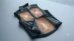 Diagram highlighting the carbon fibre heating panel zones across the chest and upper back of a heated motorcycle vest.
