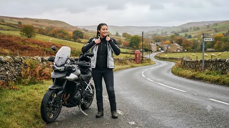 Rider wearing a black heated motorcycle vest for cold weather riding on a British country road. heated motorcycle vest