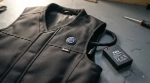 Close-up of the temperature control button and rechargeable battery pack on a heated motorcycle vest.
