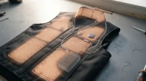 Diagram showing carbon fibre heating zones across the chest and upper back of a heated vest.