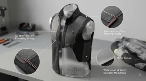 Diagram showing the chest, back, and collar heating zones of a heated motorcycle vest for touring.