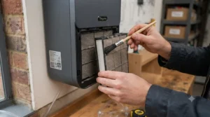 Hands removing and cleaning the rear dust filter on a wall-mounted electric workshop heater to maintain airflow.