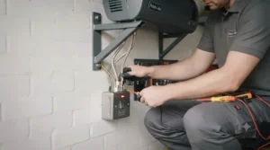Step-by-step installation view of a tradesperson safely wiring a wall-mounted electric garage heater to a fused spur in a UK domestic garage.