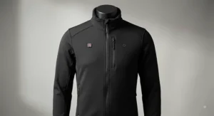 Front view of a black thermal heated cycling jacket with waterproof zips