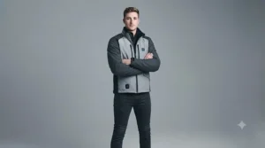 Man wearing a slim-fit heated motorcycle vest under a waterproof textile riding jacket.