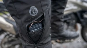 Internal view showing micro-carbon fibre heating elements inside thermal waterproof motorcycle trousers.