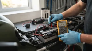 Digital multimeter displaying safe electrical voltage levels while running high-drain heated motorcycle grips.