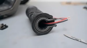 Close-up cross-section highlighting the durable 1-piece moulded rubber construction of scooter heated grips.