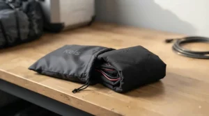 A compact and packable heated motorcycle vest for touring folded neatly alongside its travel storage pouch.