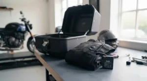 A lightweight heated motorcycle vest folded neatly next to a top box for easy storage.