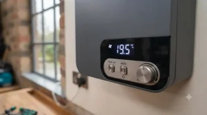 Close-up of an adjustable thermostat dial and digital temperature display on a portable electric garage heater.