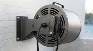 A portable fan-forced electric garage heater sitting safely on a concrete garage floor.