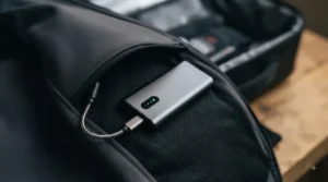 Slimline rechargeable battery pack tucked neatly inside the pocket of a heated cycling jacket.