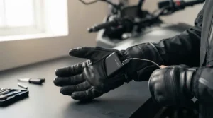 Detail of a rechargeable lithium battery pack tucked neatly into the cuff of a winter motorcycle glove.
