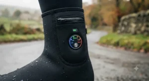 Close-up of rechargeable battery pack and multi-level temperature settings on heated overshoes.