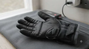 Reflective detailing on the back of heated cycling gloves lit up during an evening bike ride in winter