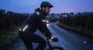 Cyclist commuting on a dark British road wearing a high-visibility heated jacket with reflective safety strips.