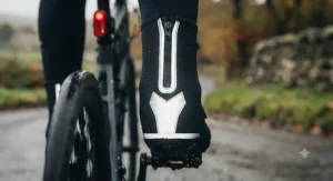 High-visibility reflective strips on heated overshoes for safe cycling during dark UK evenings.