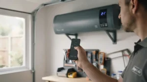 Hand holding a digital remote control pointing towards a high-mounted electric garage heater to adjust the heat output.