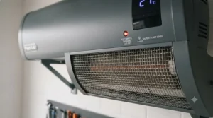 Close-up of the safety grille and automatic thermal cut-off indicator light on a modern wall-mounted electric garage heater.