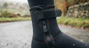 Durable waterproof zip and adjustable Velcro cuff on thermal cycling overshoes for a snug fit.