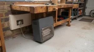 A small electric garage heater positioned neatly underneath a wooden workbench in a domestic shed.