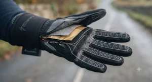 Cross-section diagram showing thermal insulation and heating elements in heated cycling gloves for road cyclists.