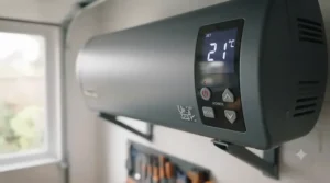 Digital thermostat control panel on a wall-mounted electric garage heater displaying a comfortable temperature setting in Celsius.