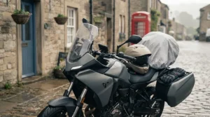 Commuter motorcycle parked in the rain on a wet London street, equipped for cold-weather riding.