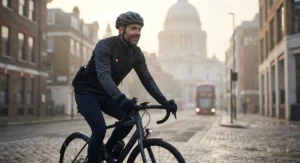 Urban commuter wearing a stylish heated cycling jacket while cycling through the city