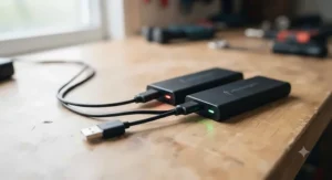 Dual USB charging cable plugged into lithium-ion batteries for heated cycling gloves for road cyclists.