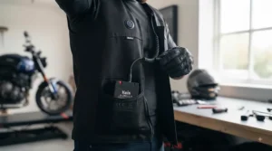 Connecting a portable power bank to a heated motorcycle vest inside an inside pocket.