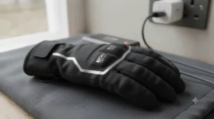 Dual USB charging cable plugged into rechargeable batteries designed for heated winter cycling gloves