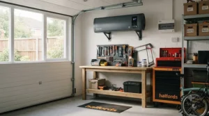A sleek wall-mounted electric garage heater installed on a brick wall in a tidy British home workshop, efficiently warming the space during winter. wall mounted electric garage heater