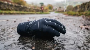 Water beading off the windproof fabric of a thermal heated cycling glove during a winter downpour.