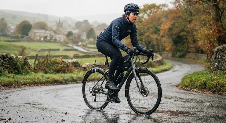 Waterproof heated cycling overshoes keeping feet warm and dry on a wet British winter commute. waterproof heated cycling overshoes