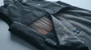 Close-up of the breathable, windproof fleece-lined interior fabric of a thermal heated motorcycle vest.