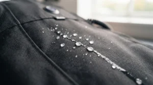 Close-up of windproof and water-resistant fabric on a heated motorcycle vest designed for British winters.