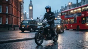 Motorcyclist commuting through winter traffic wearing high-performance heated motorcycle trousers for cold-weather protection.