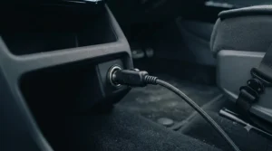 Standard 12V vehicle power plug connected to a heated seat cover for cars.