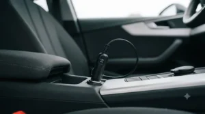 Close-up of a 12V power adapter plugged securely into a car accessory socket to power a heated travel blanket.